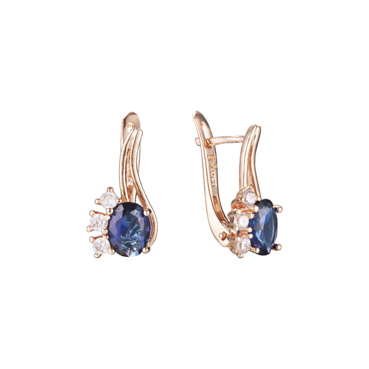 Solitaire sided with three stones earrings in 14K Gold, Rose Gold plating colors