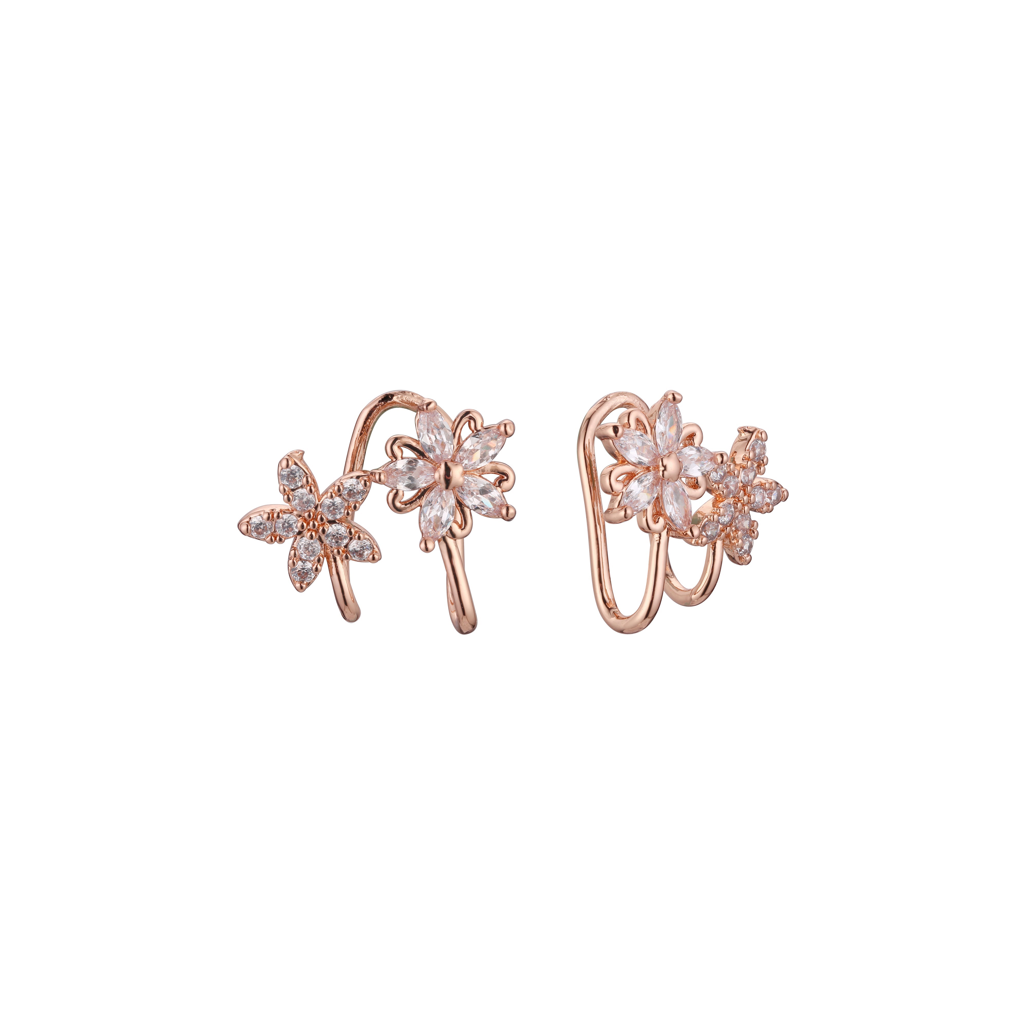 Aretes ear cuff con racimo de flores en Oro 14K, colores con baño de oro rosa