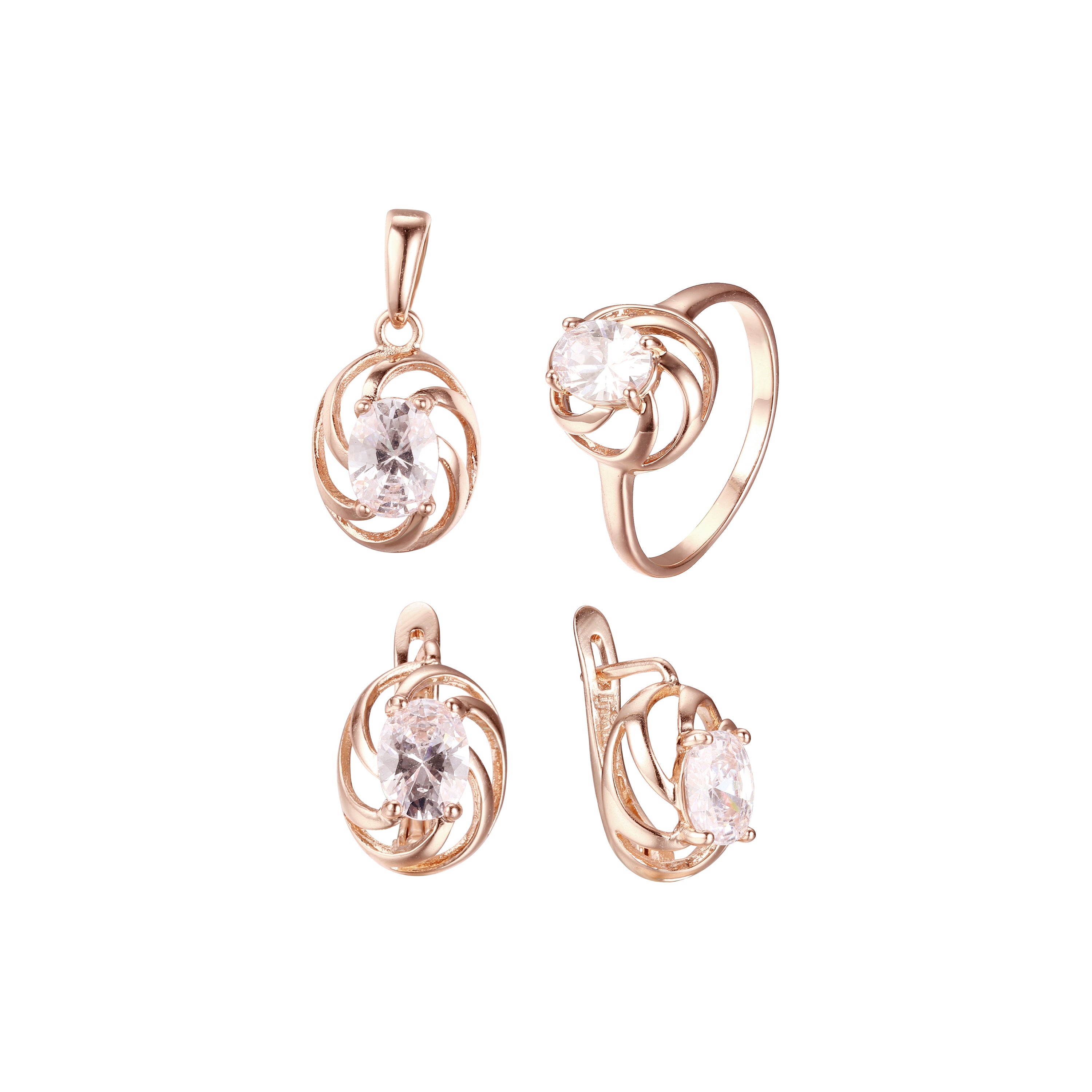 Vortex solitario blanco CZ anillos y colgante conjunto de joyas de oro rosa