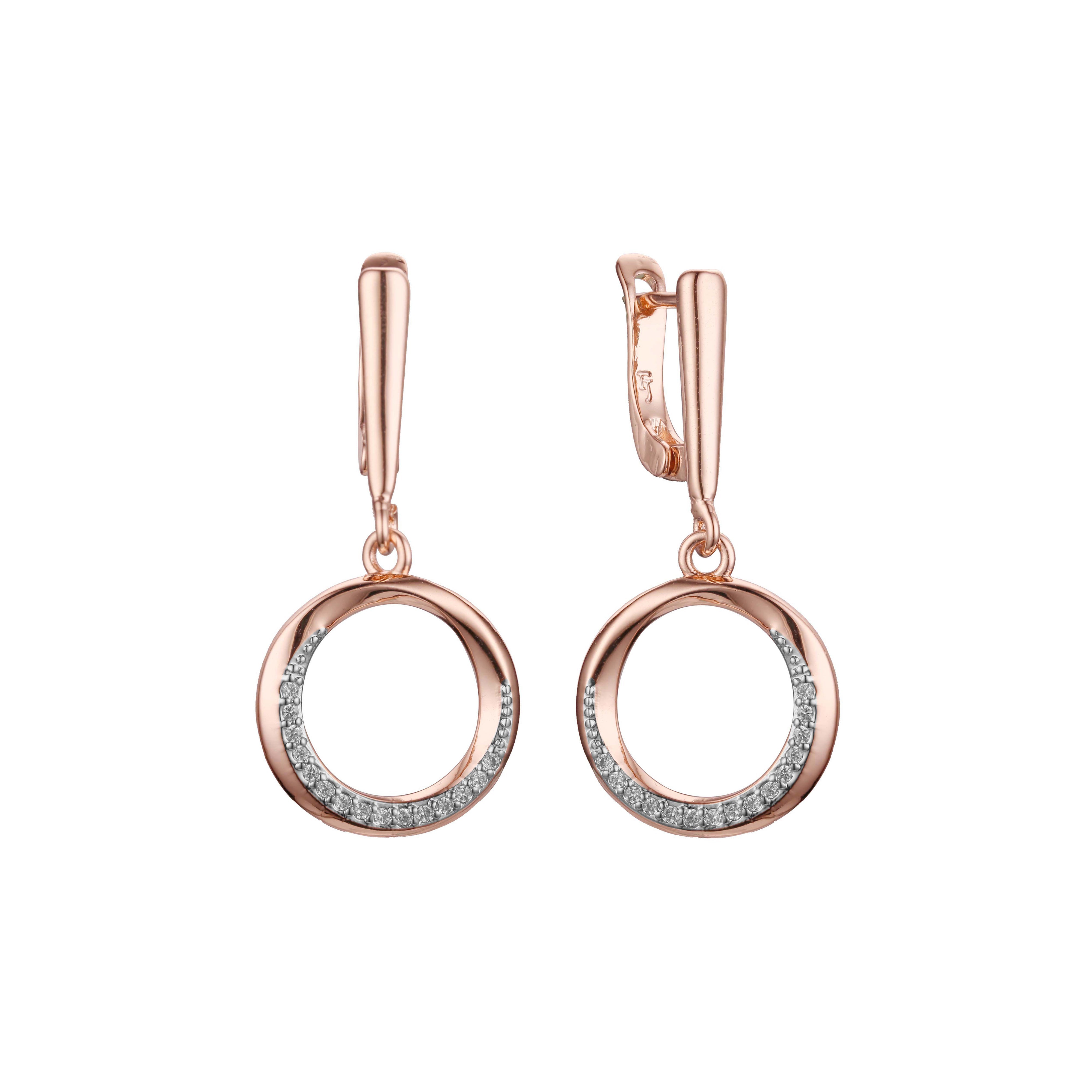 Aretes colgantes de racimo circular en Oro 14K, oro rosa, baño de dos tonos