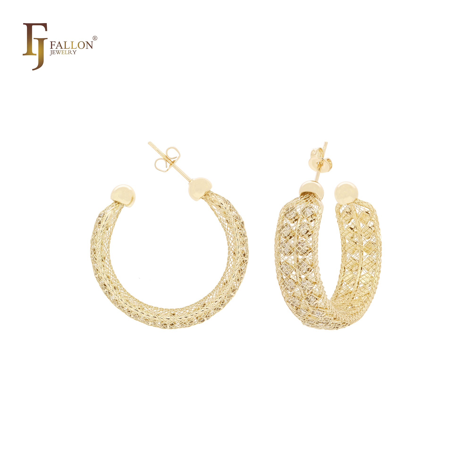 Net cage filigree enclosure white CZs 14K Gold, Rose Gold stud earrings