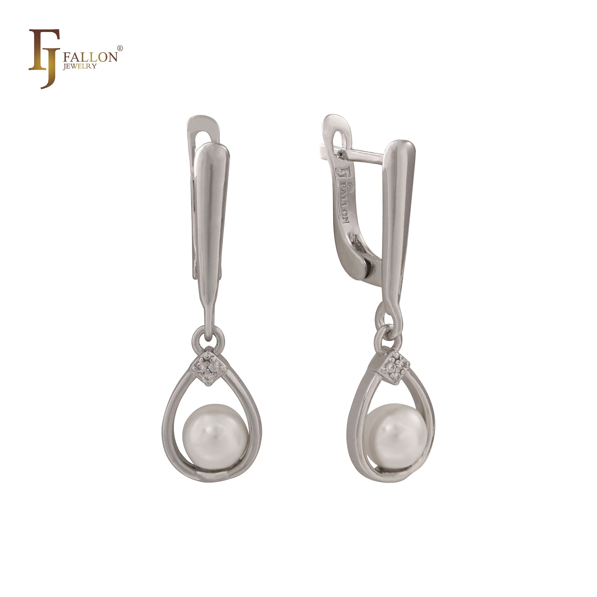 Pearl drop paved white gold earrings