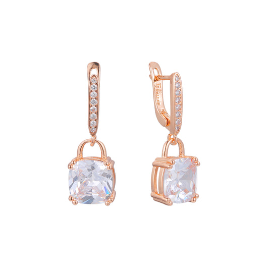 Solitaire lock drop earrings in 14K Gold, Rose Gold, two tone plating colors