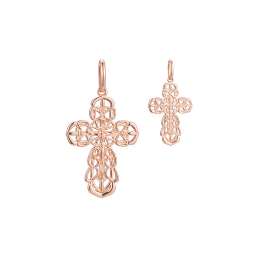 Catholic cross budded pendant in Rose Gold two tone, 14K Gold plating colors