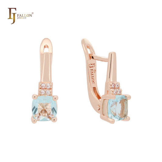 Solitaire cushion lake blue CZ 14K Gold earrings