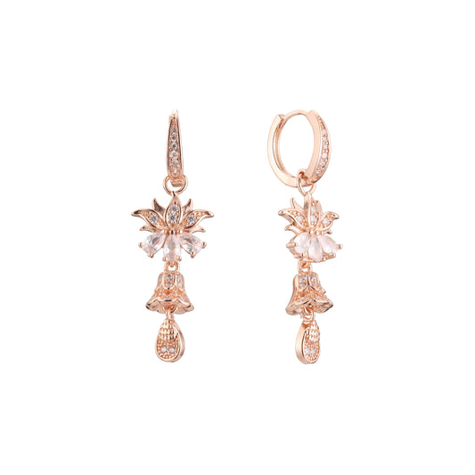 Leaves cluster chandelier drop huggie earrings in 14K Gold, Rose Gold plating colors