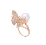 Paved white cz butterfly and solitaire pearl Rose Gold, 14K Gold rings