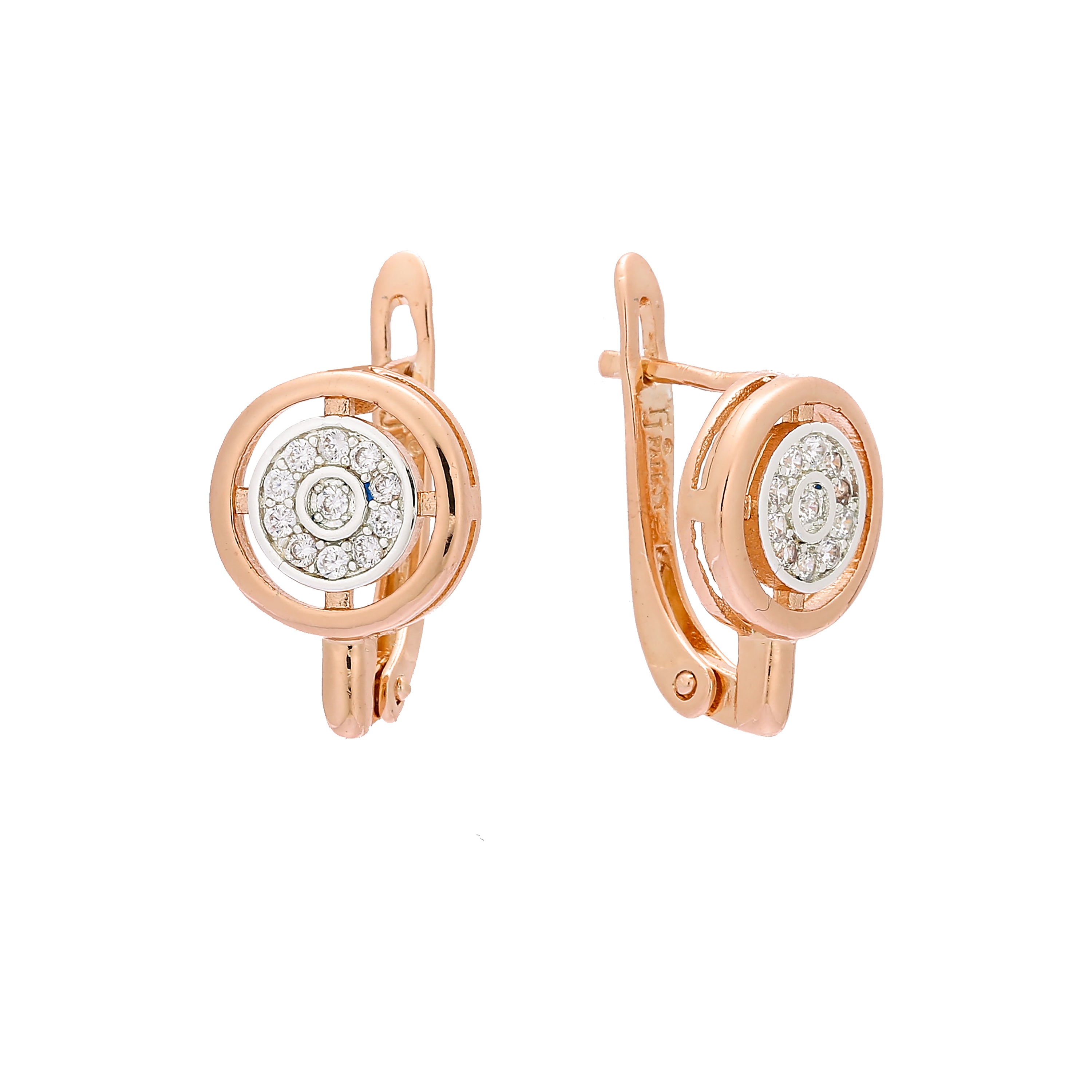 Circle paved white cz Rose Gold, two tone earrings