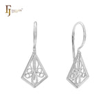 Filigree Rhombus 14K Gold, Rose Gold, White Gold Wire Hook Earrings