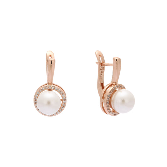 Pearl with halo paved white cz Rose Gold earrings