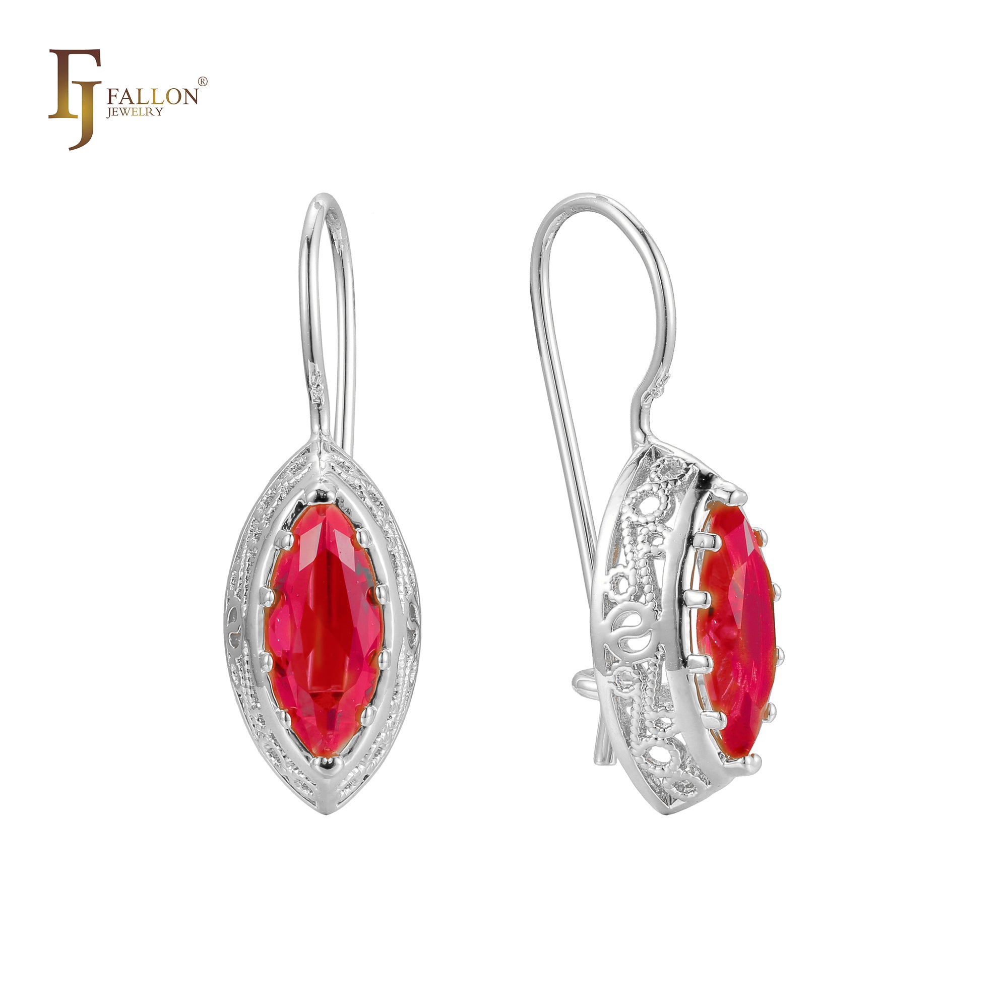 Wire hook solitaire Marquise red earrings in 14K Gold, Rose Gold plating colors