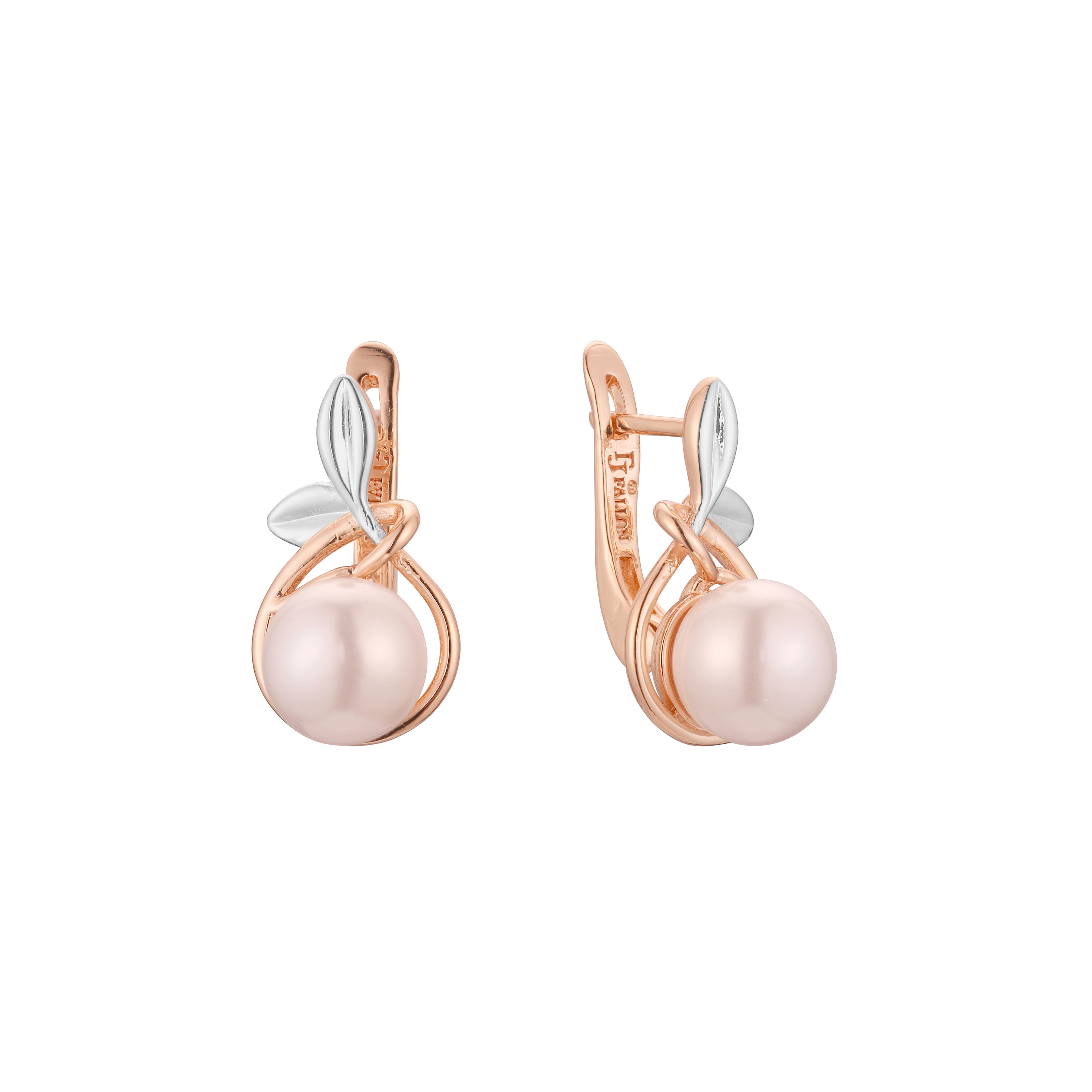 Leaves pearl earrings in 14K Gold, Rose Gold, two tone plating colors