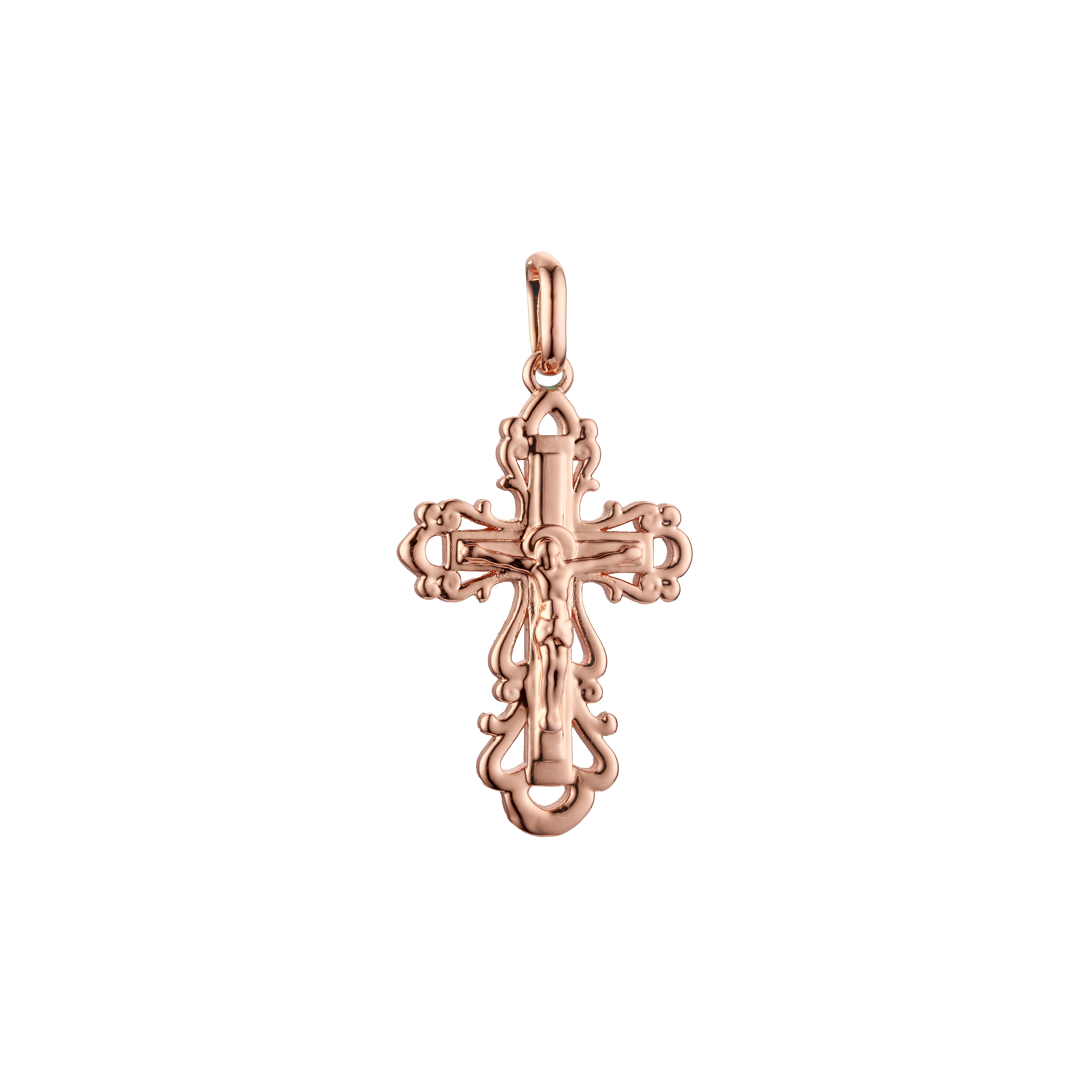 Catholic cross budded pendant in Rose Gold & 14K Gold plating colors