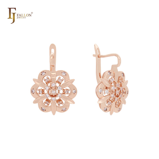 Flower shape cluster White CZs 14K Gold, Rose Gold Earrings