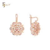 Cluster em forma de flor CZs brancas em ouro 14K, brincos de ouro rosa