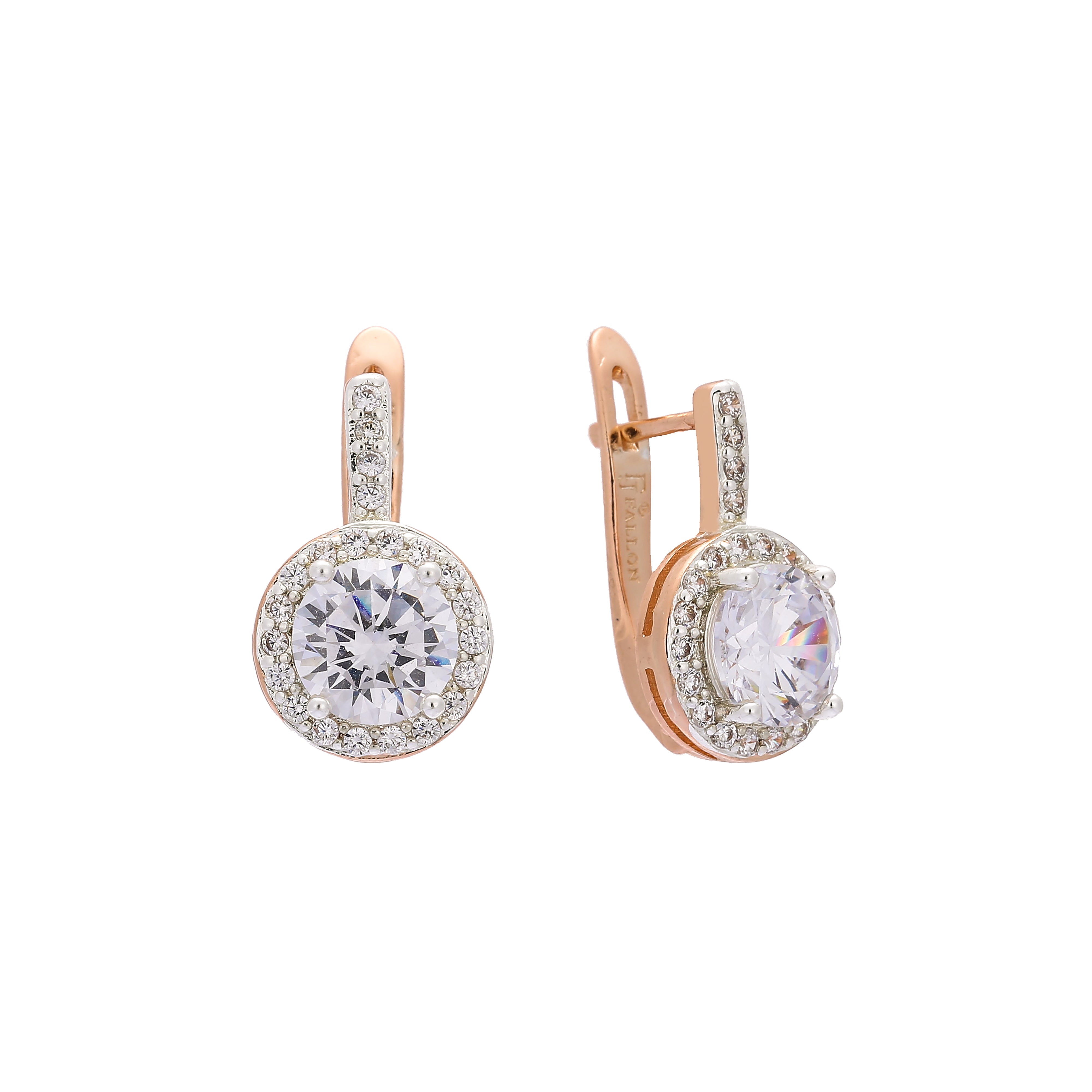 Halo rounded paved white CZs 14K Gold, Rose Gold, two tone earrings