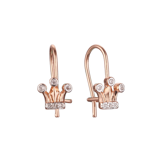 Rose Gold two tone crown white cz wire hook child earrings