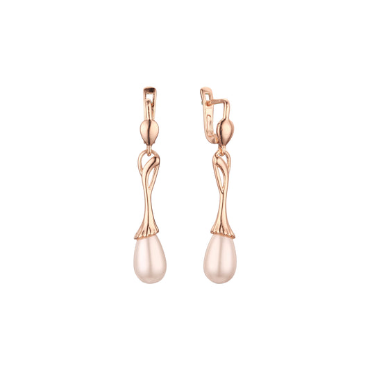 Aretes colgantes de perlas en Oro 14K, colores baño de oro rosa