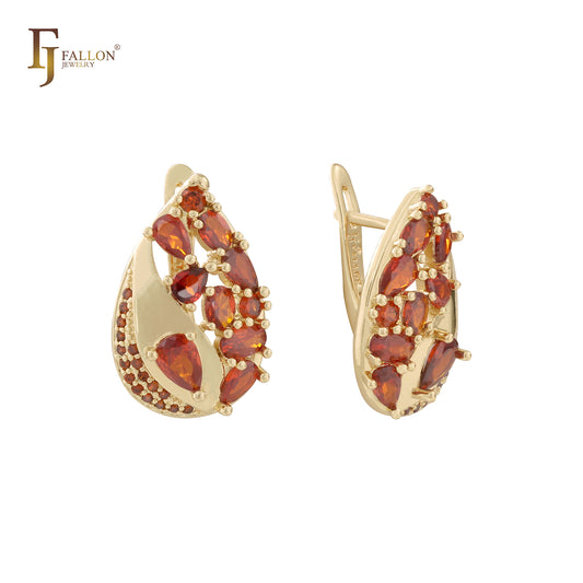 Cluster teardrop Red CZs 14K Gold, White Gold earrings