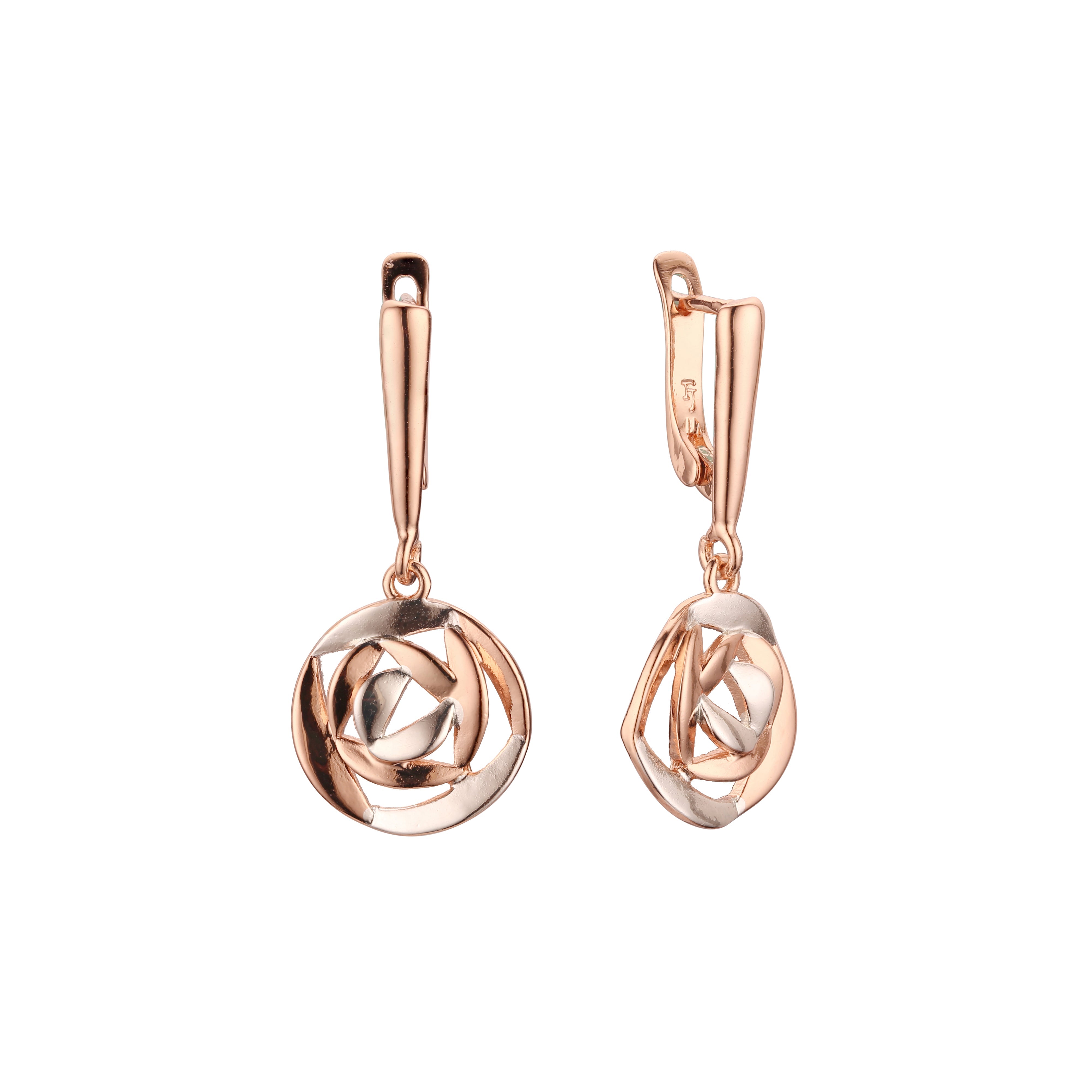 Swirling vortex Rose Gold two tone drop earrings