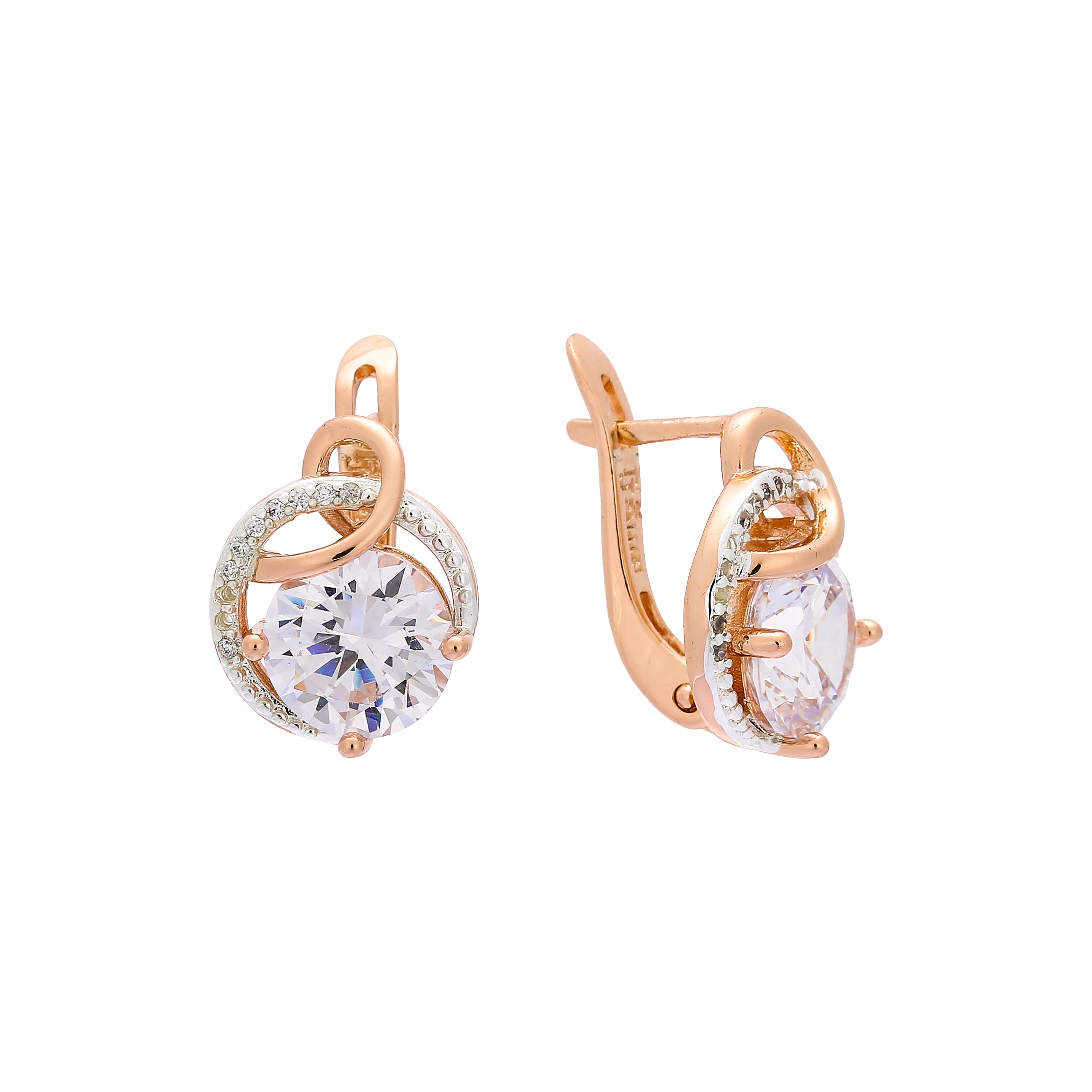 Solitaire pavimentado branco cz Rose Gold, brincos de dois tons