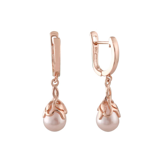 Pearl under leaves drop Rose Gold, 14K Gold Earrings