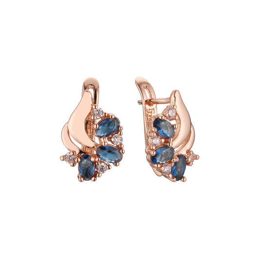 Aretes de racimo de tres piedras en Oro 14K, oro rosa, baño de dos colores