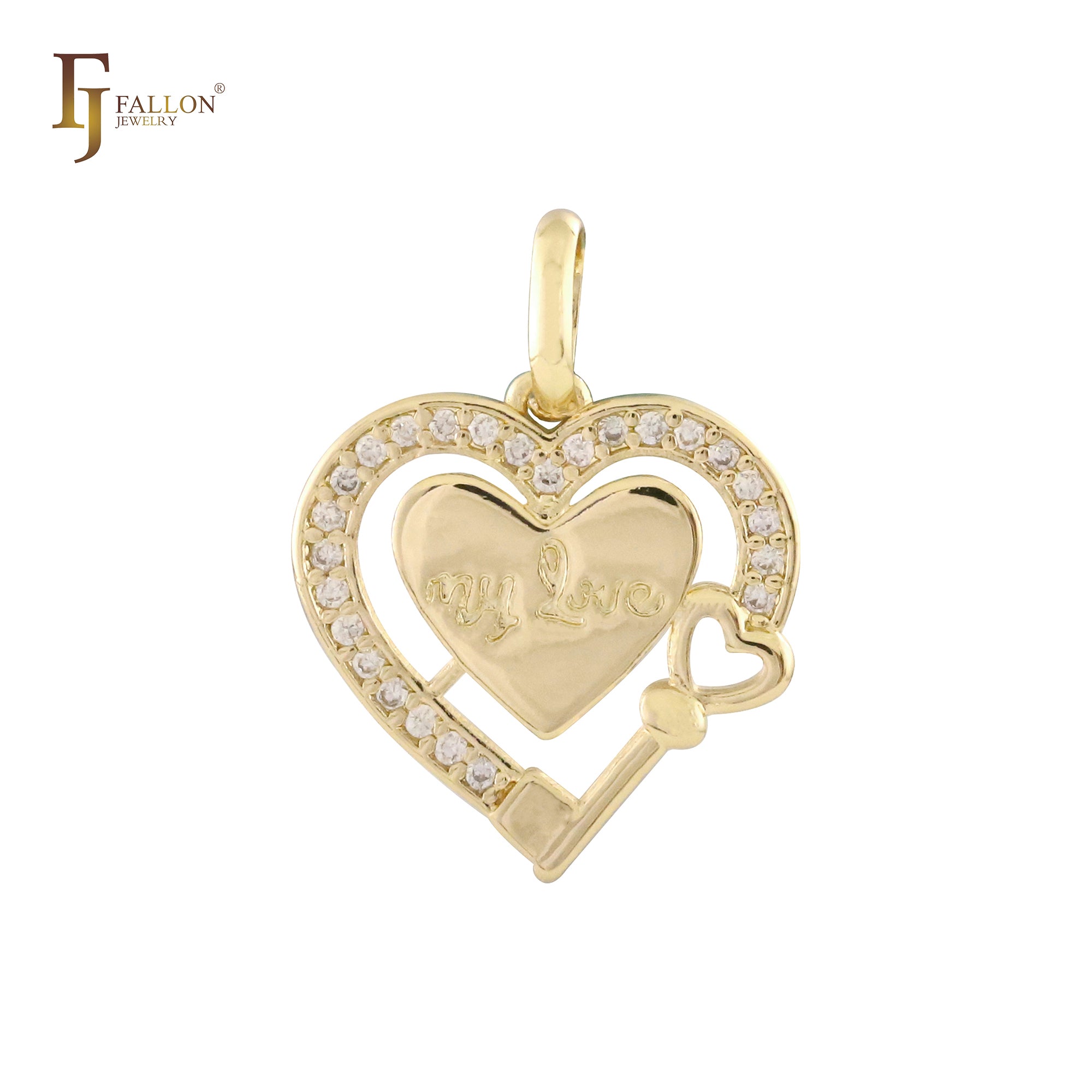 MI AMOR llave y corazón Oro rosa, Oro 14K, Colgante de oro blanco