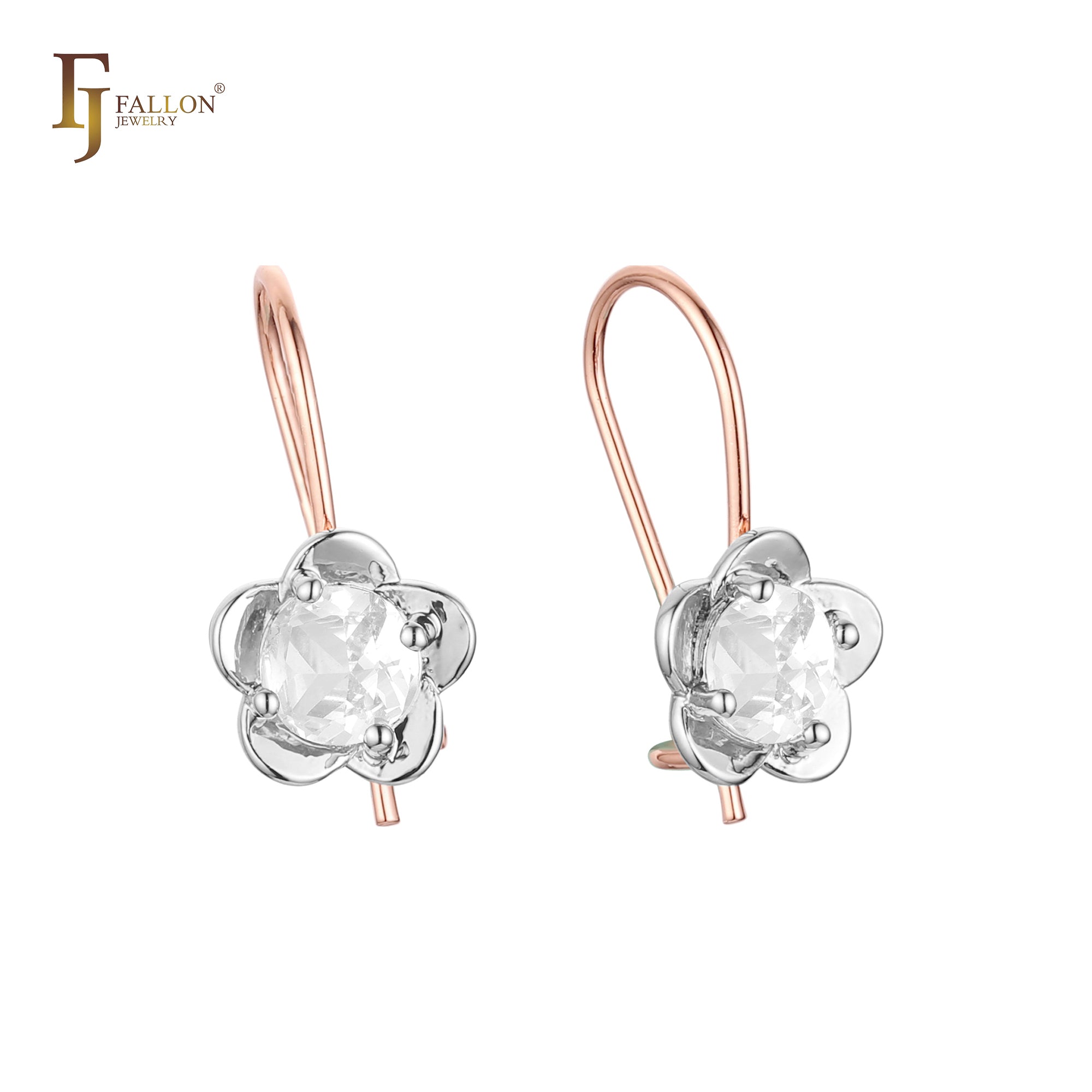 Wire hook solitaire round CZ Rose Gold, two tone earrings