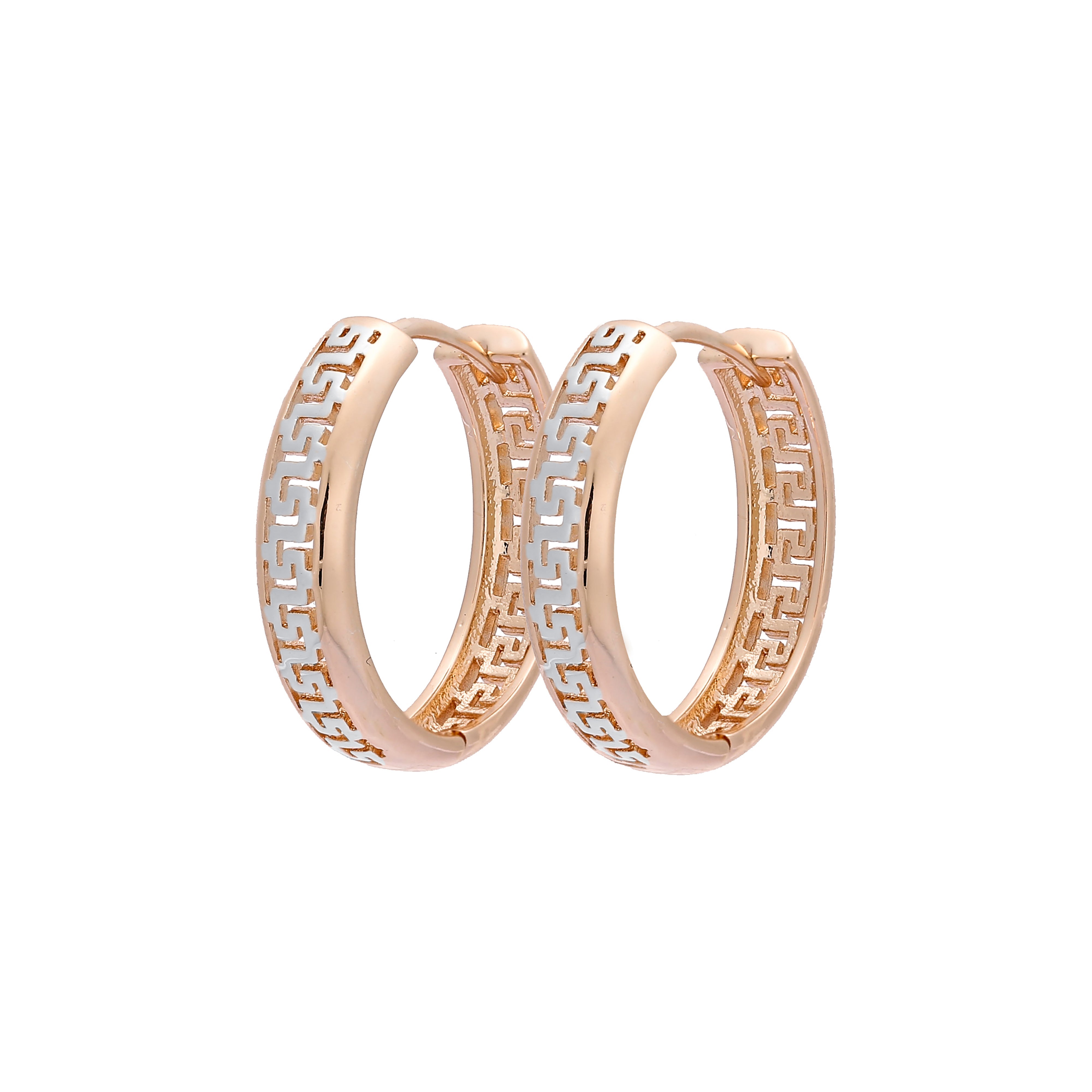 Greek key hoop earrings in Rose Gold, two tone plating colors