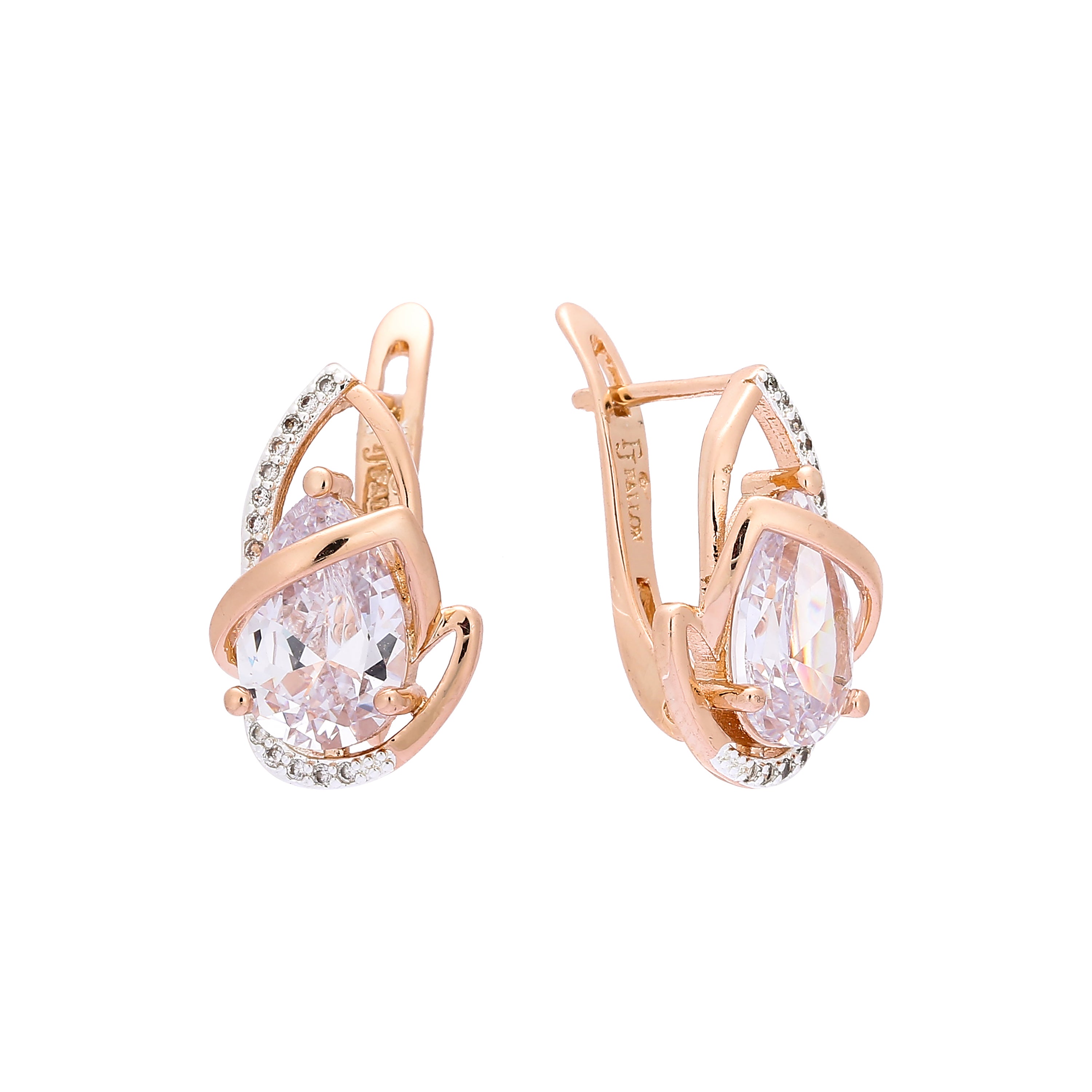 Solitaire teardrop colorful CZ Rose Gold, two tone earrings