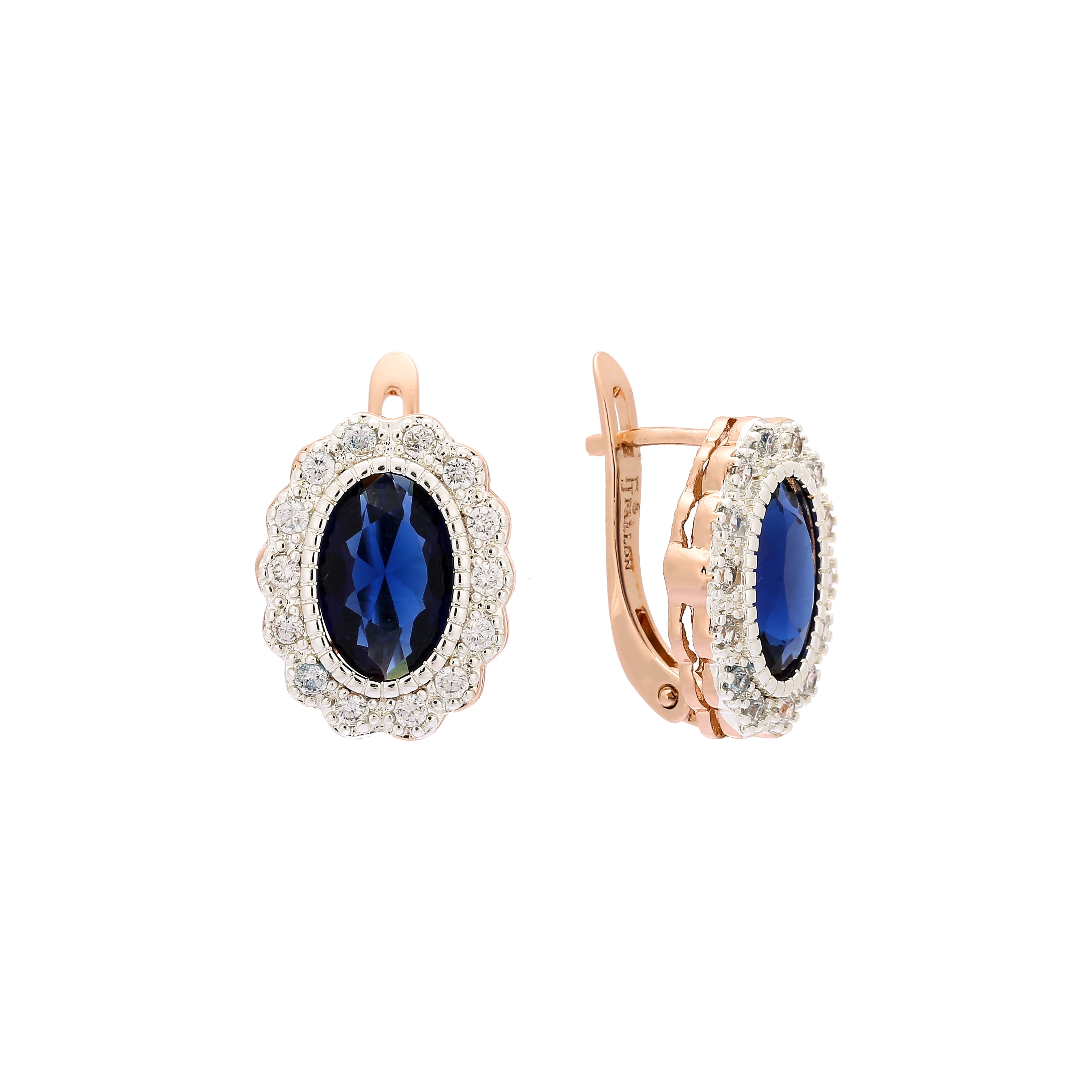 Big stone halo earrings in 14K Gold, Rose Gold, two tone plating colors