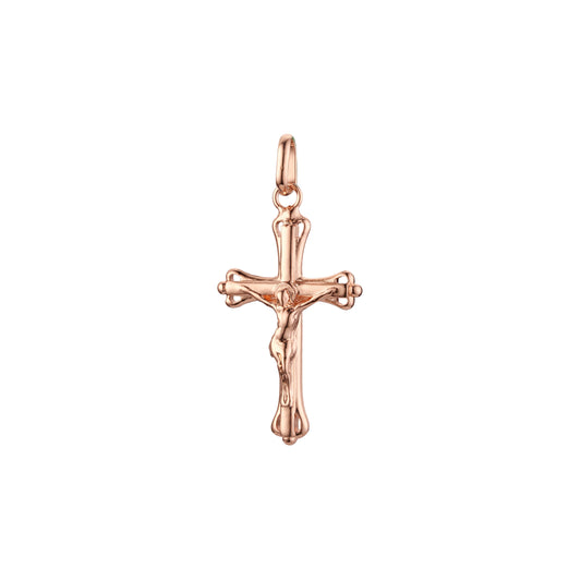 Colgante de cruz católica con capullo en oro rosa y baño de Oro 14K.