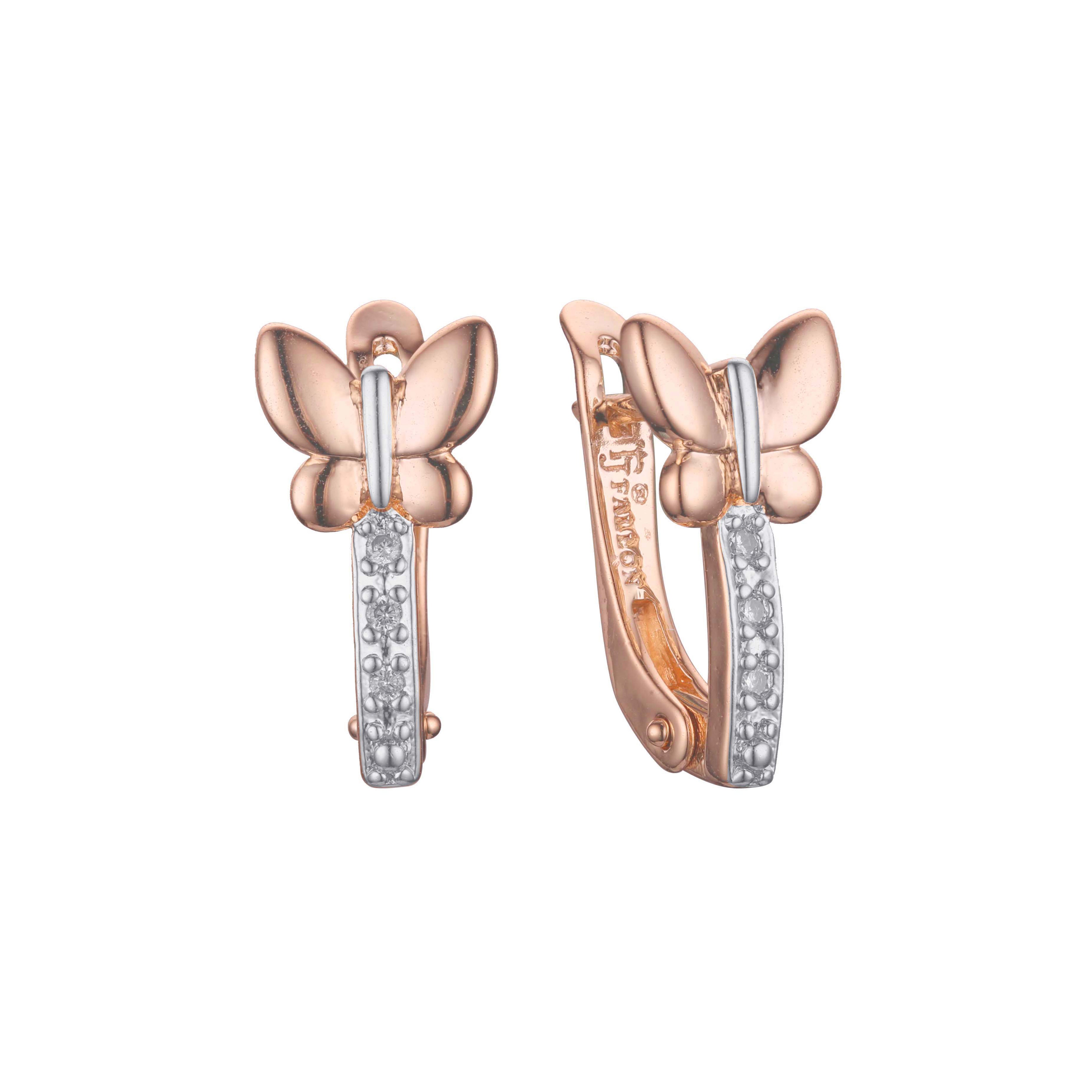 Aretes de mariposa en Oro de 14K, baño de Oro Rosa en dos colores