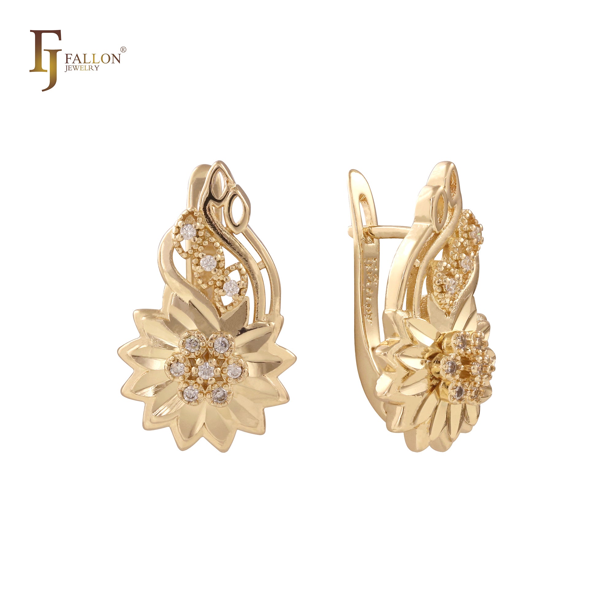 Sunflower blooming paved white CZs 14K Gold, Rose Gold earrings