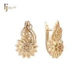 Sunflower blooming paved white CZs 14K Gold, Rose Gold earrings