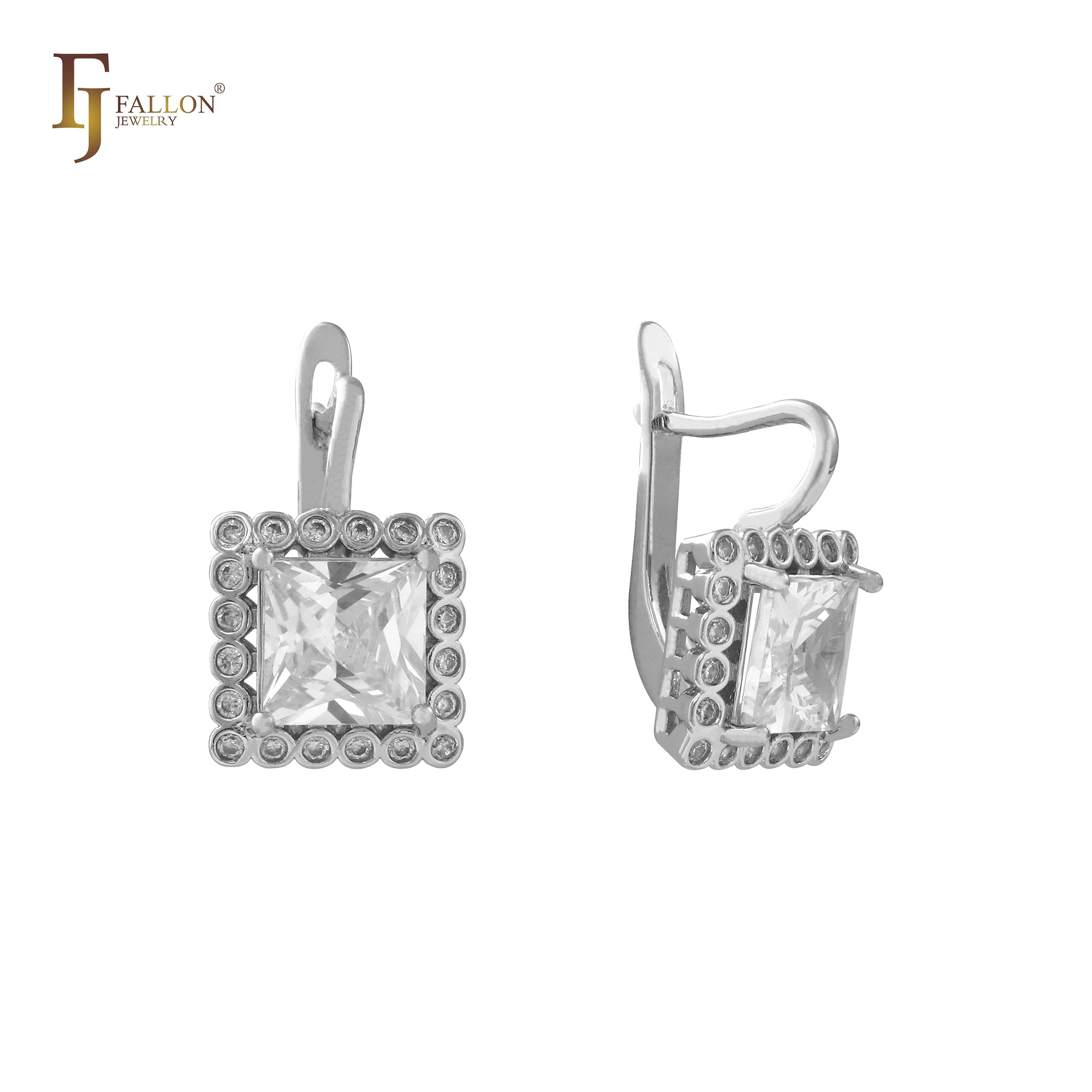 Princess Cut square white CZ Halo Rose Gold, 14K Gold, White Gold Earrings