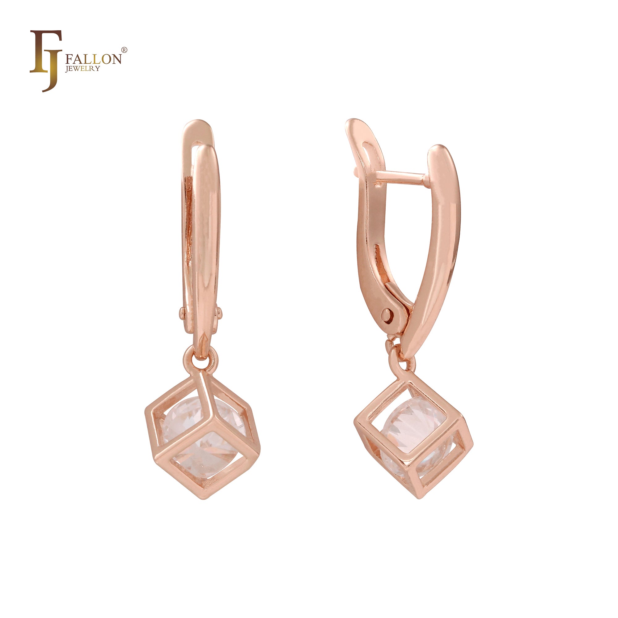 Elegant solitaire cubic cage 14K Gold, Rose Gold earrings