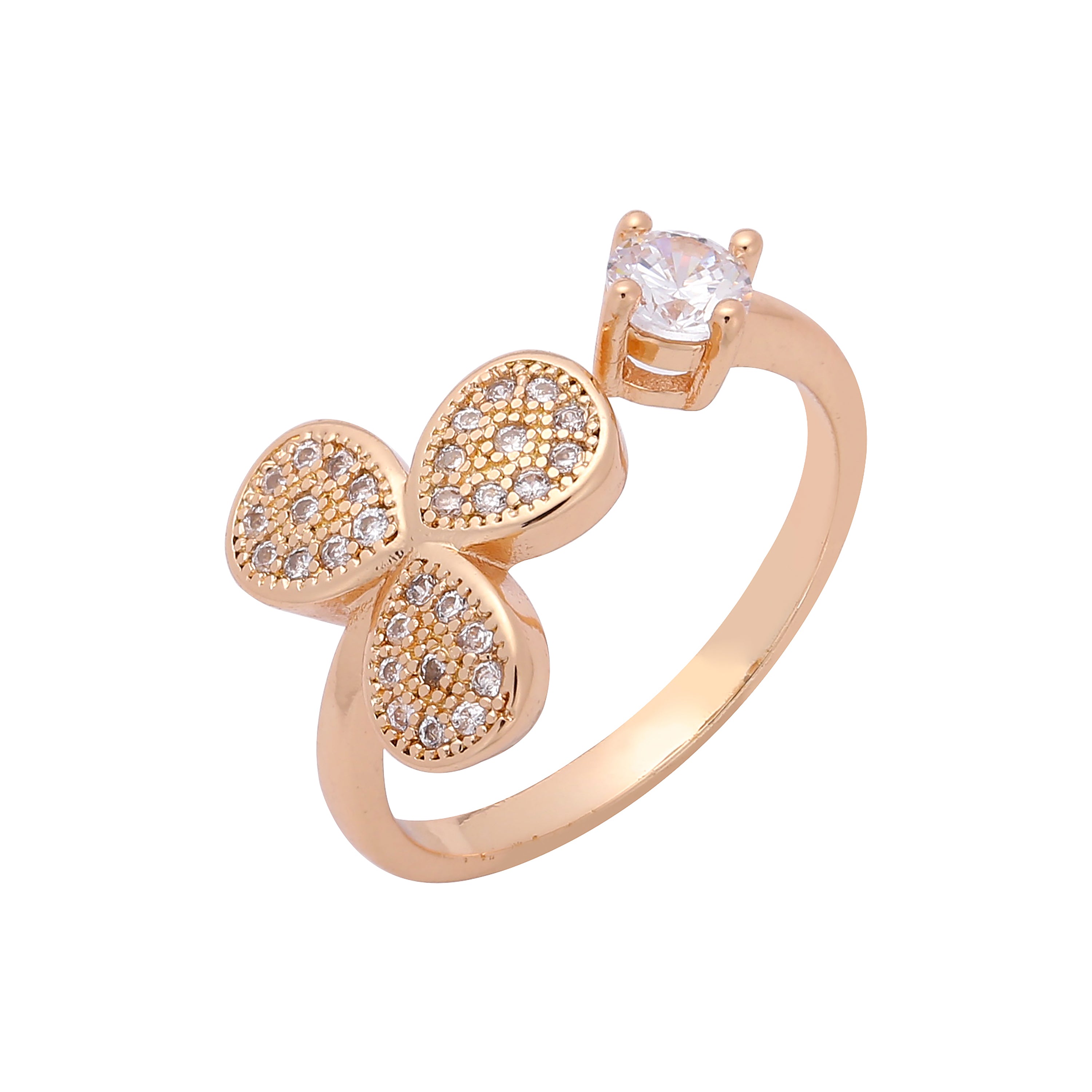 Trébol y solitario cz blanca Oro rosa, anillos abiertos de Oro 14K