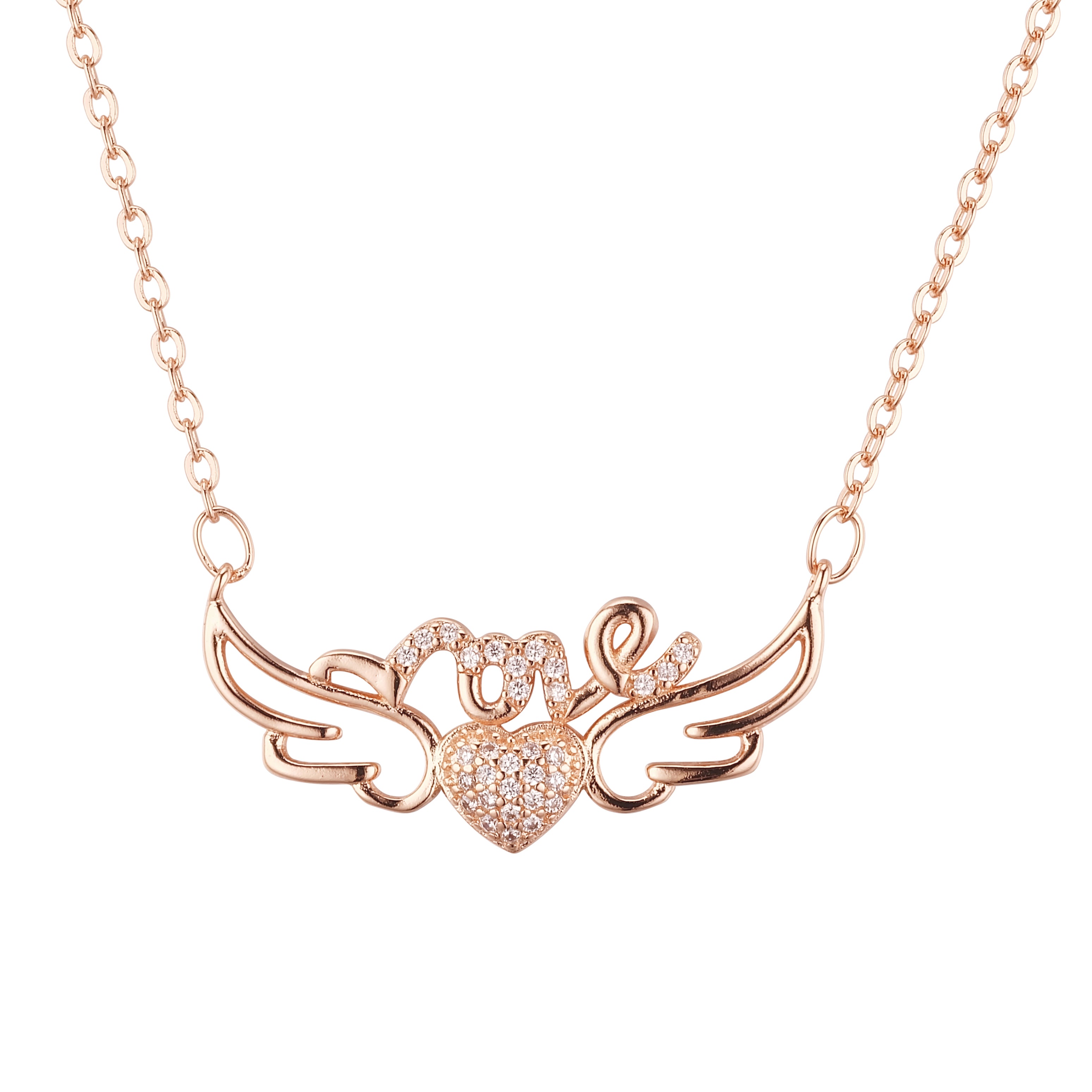 Collar de corazón y amor con alas en ángulo chapado en oro de 14K, oro rosa