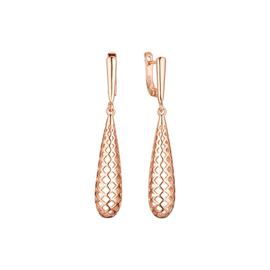 Gran gota de rombo hueco Oro rosa, pendientes de Oro 14K