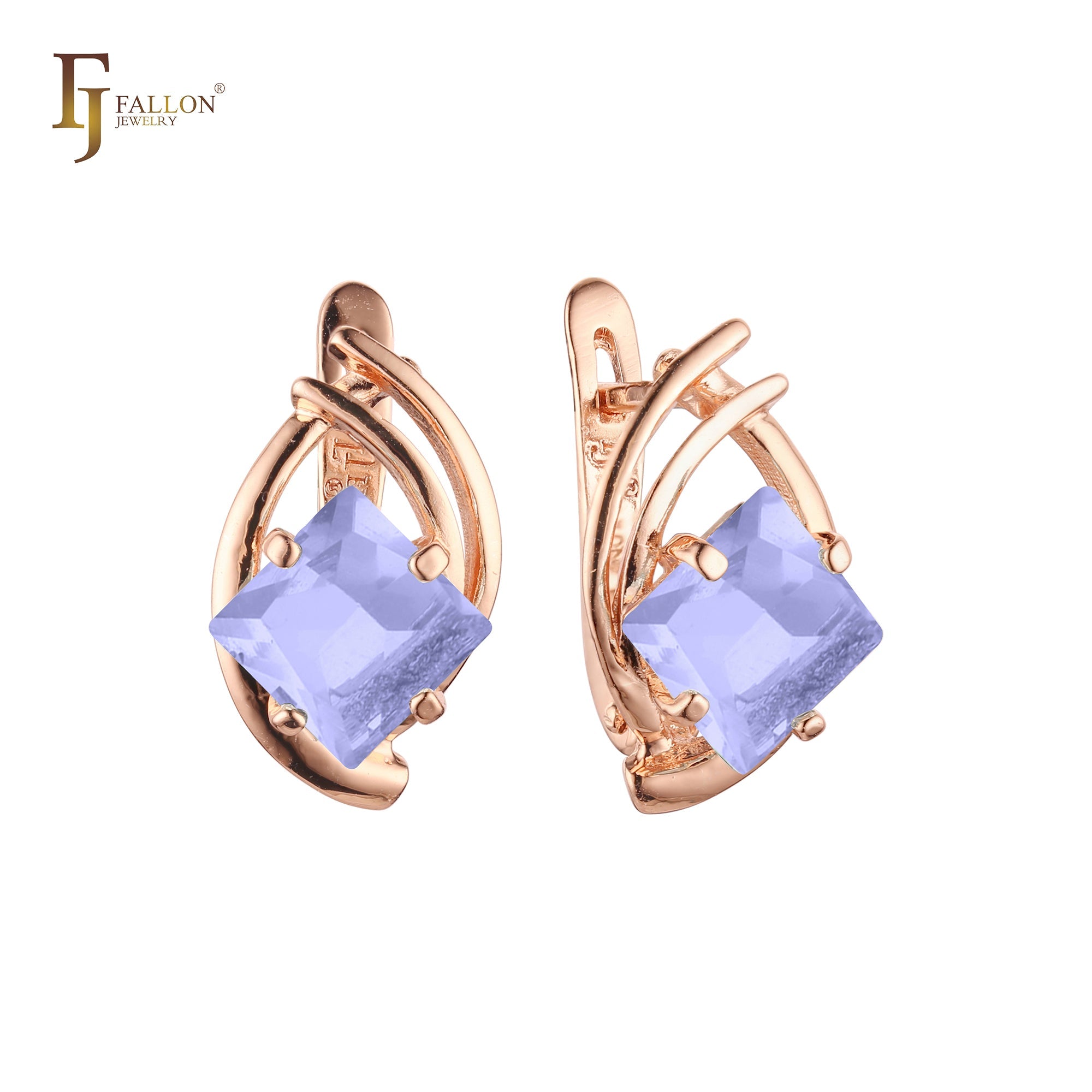 Solitaire rhombus cut colorful CZ White Gold, Rose Gold Earrings