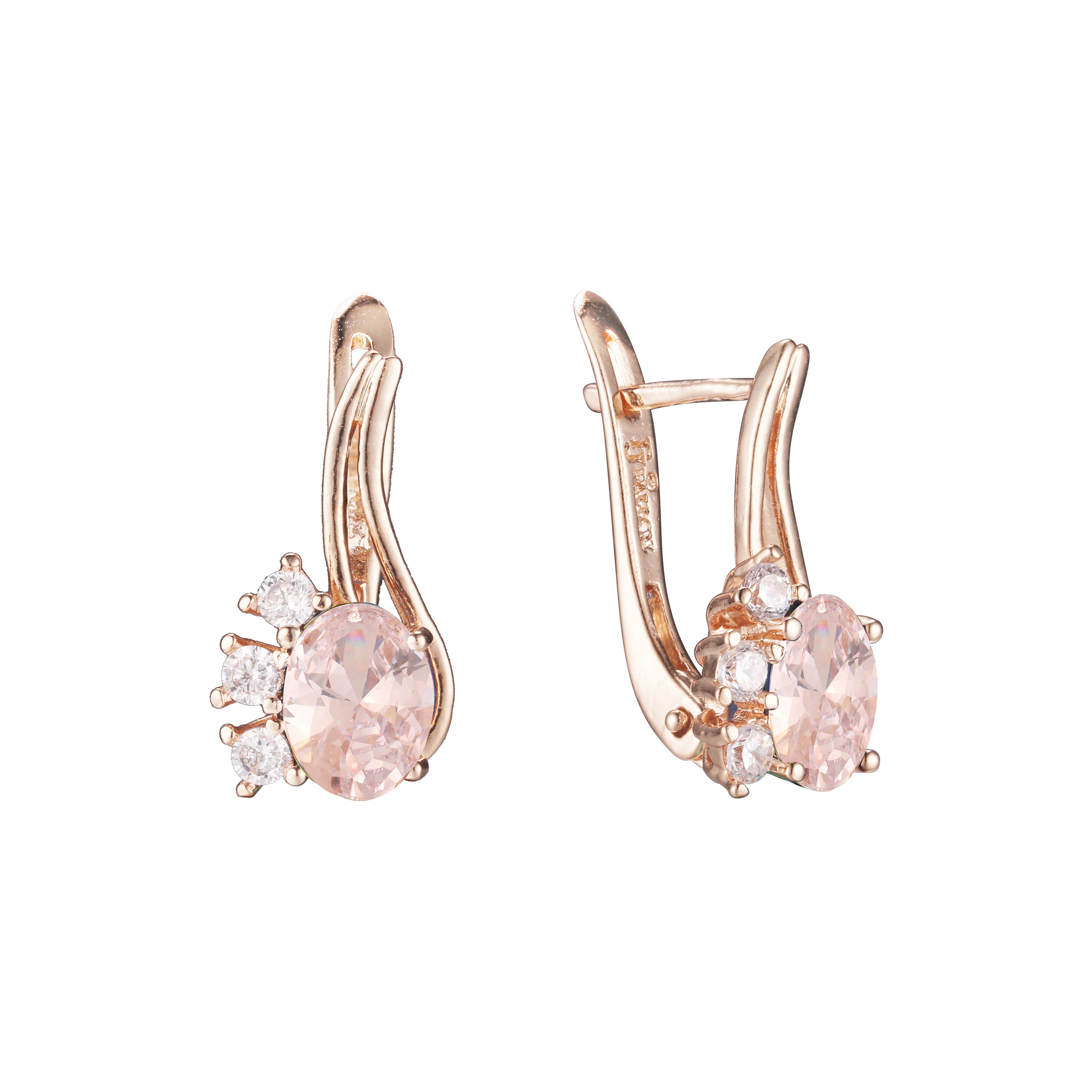 Solitaire sided with three stones earrings in 14K Gold, Rose Gold plating colors