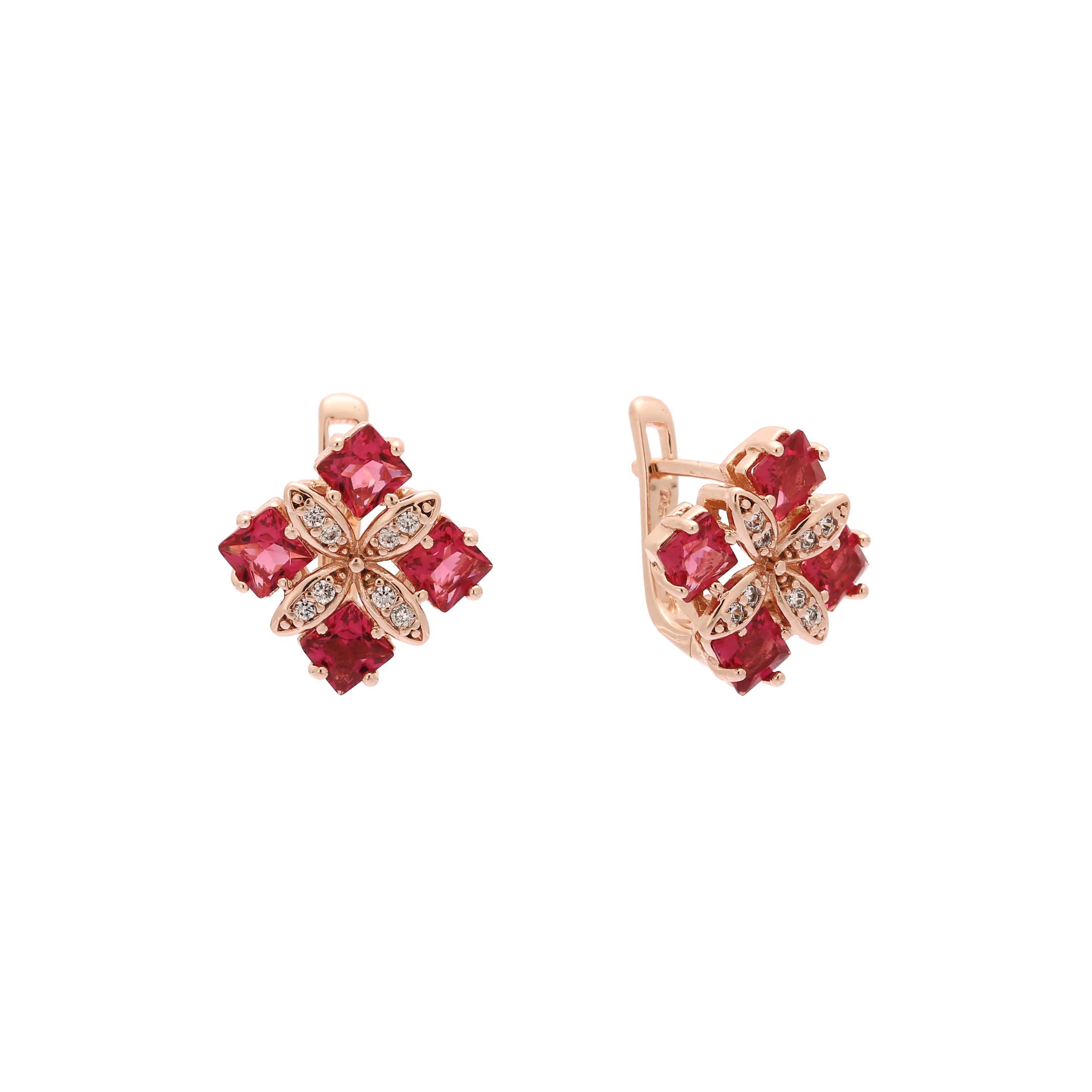 Cluster squared CZs flower Rose Gold, two tone Earrings