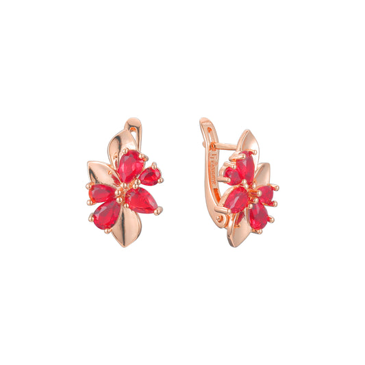 Aretes de racimo de flores y hojas rojas en Oro de 14K, baño de Oro Rosa en colores