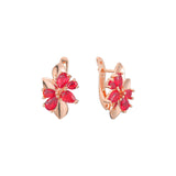 Flower and leaves cluster red earrings in 14K Gold, Rose Gold plating colors