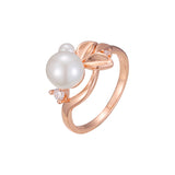 Rose Gold solitaire pearl rings with leaves