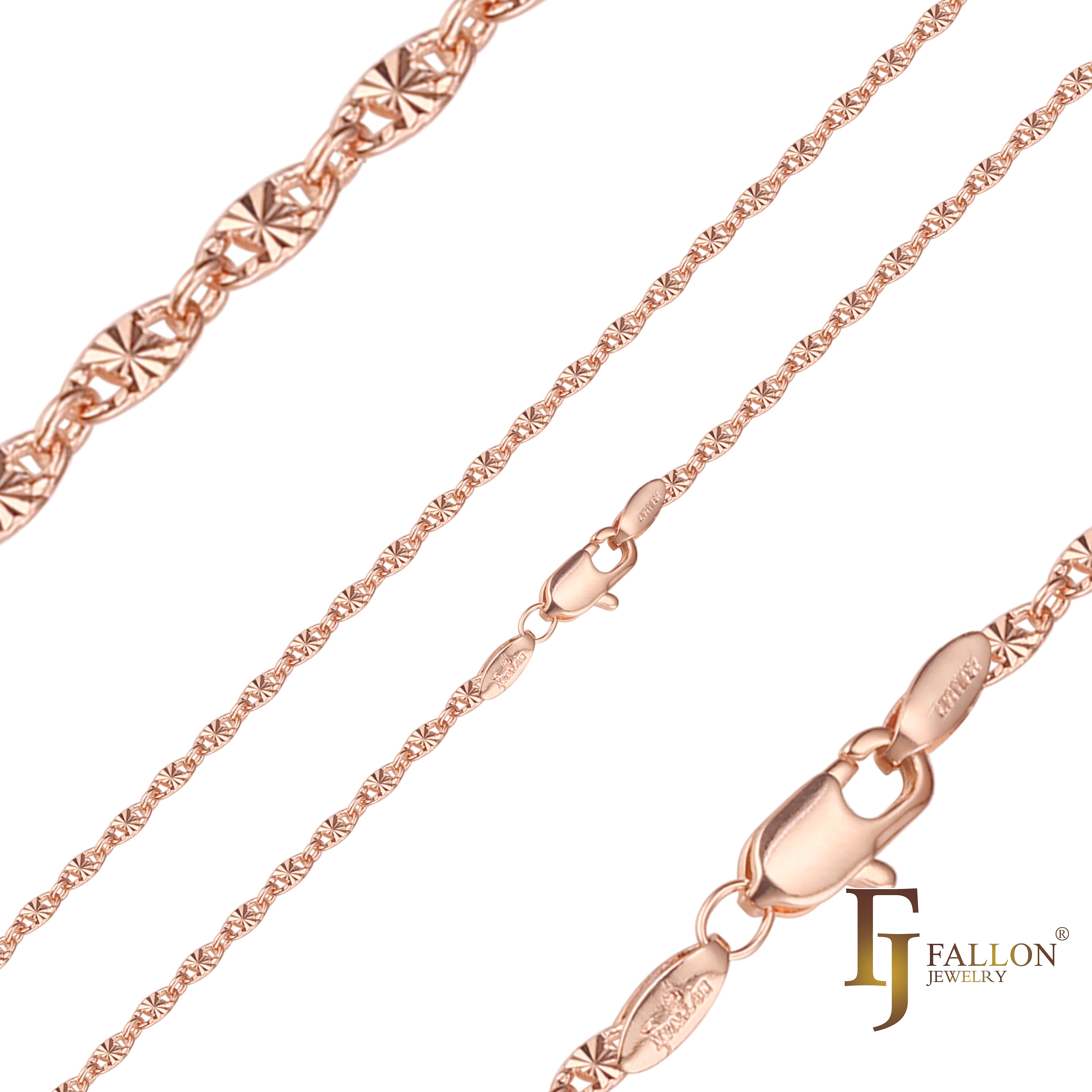 Fancy link star hammered chains plated in 14K Gold, Rose Gold, two tone