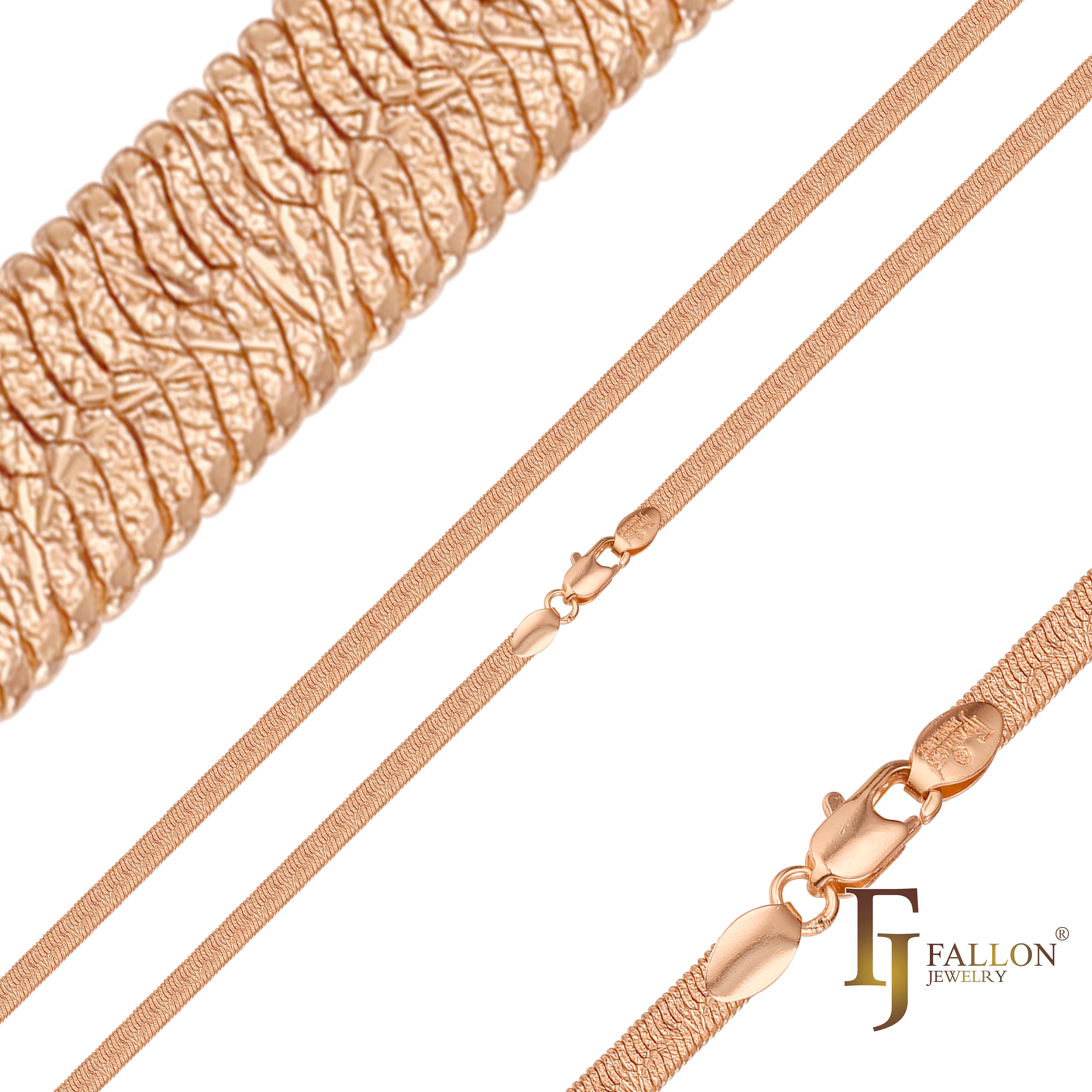 Snake Herringbone textured Chains plated in 14K Gold, Rose Gold