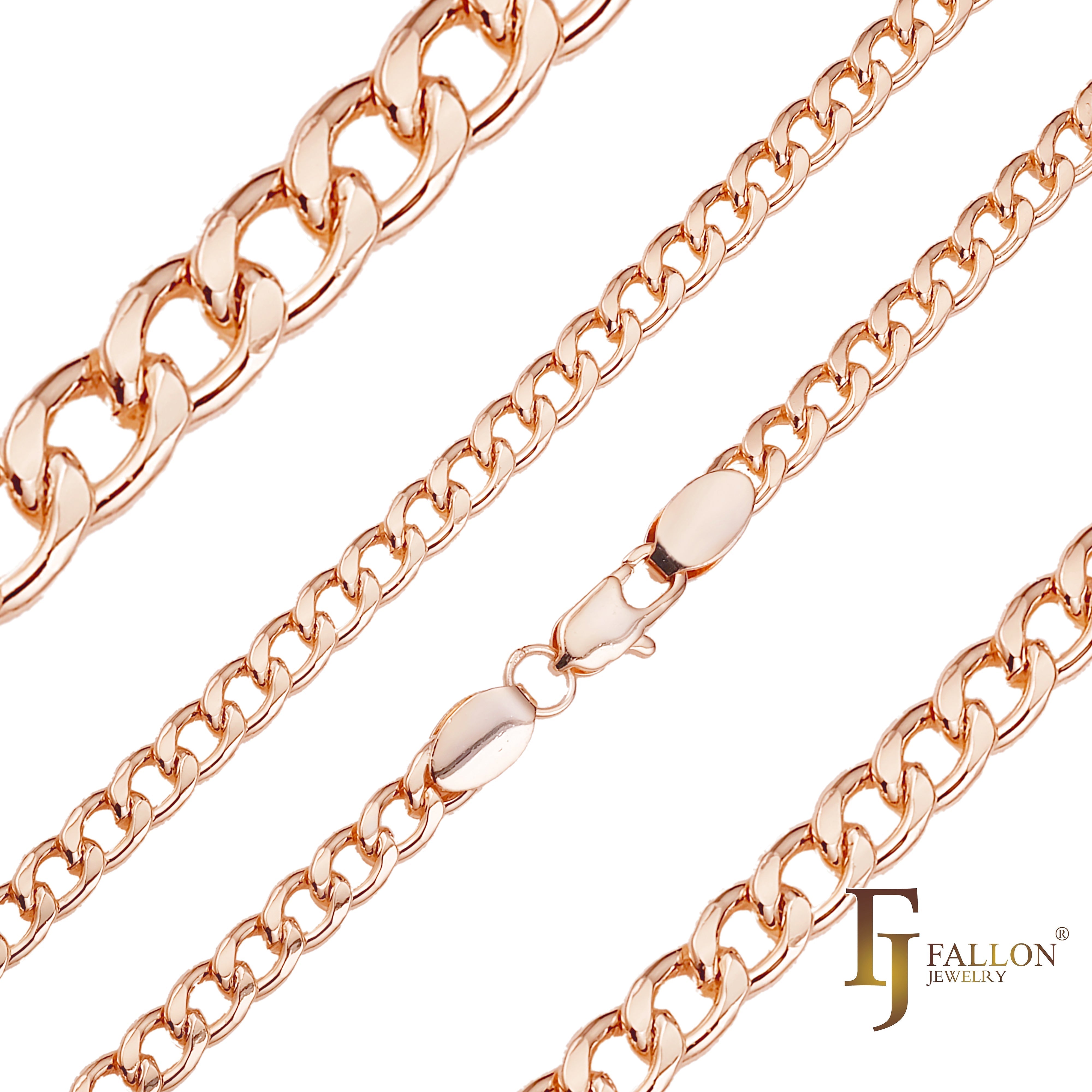 Round Curb link chains plated in Rose Gold, 14K Gold, White Gold